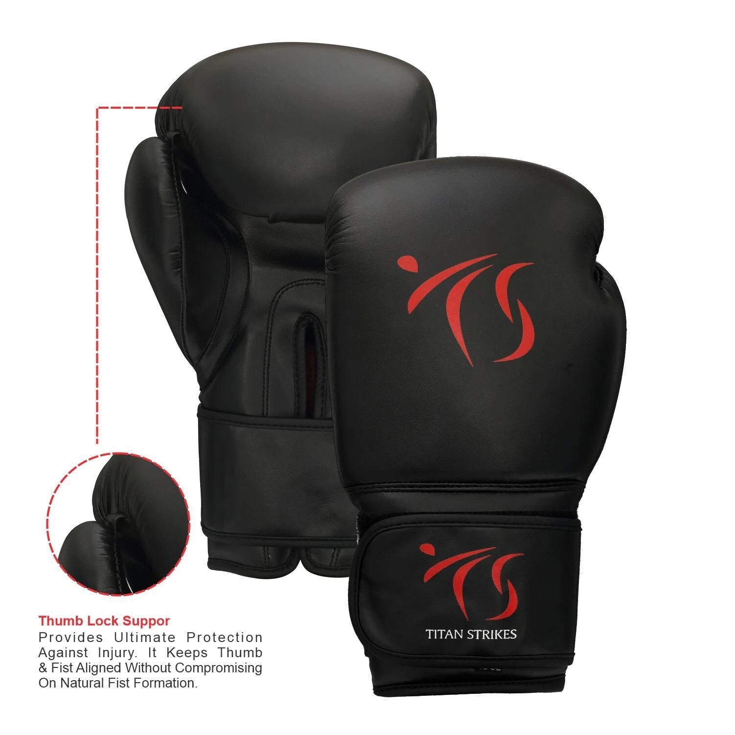 Titan Strikes sparring boxing gloves with built-in thumb lock support for ultimate protection, reinforced foam padding, and durable synthetic leather.
