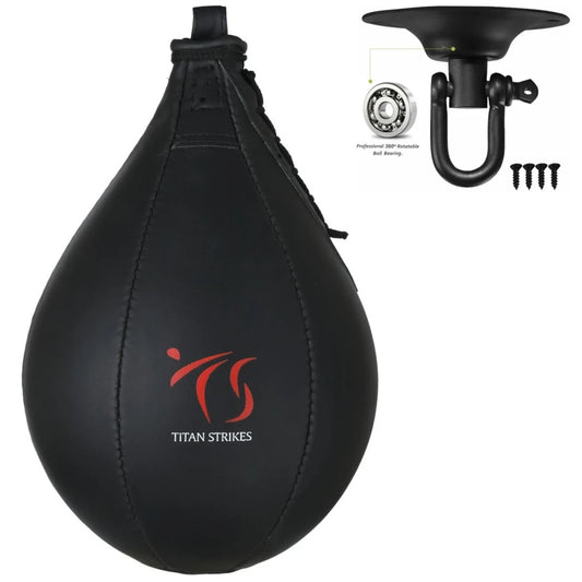 Titan Strikes speed bag for boxing mounted on heavy-duty hook and precision ball-bearing swivel for smooth rotation